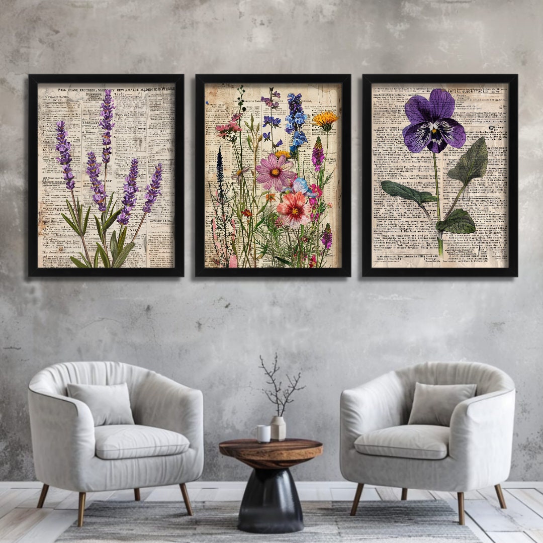 Vintage Botanical Wall Art Set of 3 Prints Lavender, Floral Bouquet ...