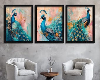 Juego de 3 elegantes impresiones de pavo real para pared, color verde azulado y dorado, decoración moderna y colorida de animales, obra de arte de lujo para sala de estar o dormitorio.
