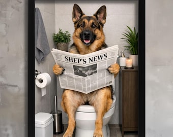 Lámina artística de pastor alemán, decoración original para el baño, regalo para el nuevo hogar, lámina artística divertida de perro, fotografía de animales lindos, pastor alemán en el inodoro