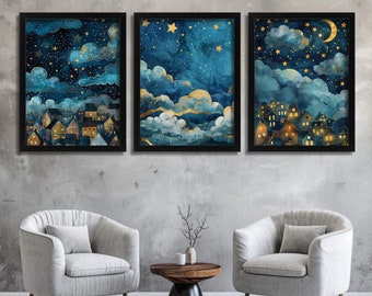 Arte de paisaje de pueblo encantado, arte de pared rústico, juego de 3 impresiones, obra de arte rural, obra de arte de noche estrellada con impresión azul y dorada para salón