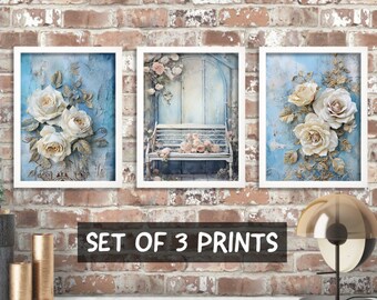 White and Blue Prints For Lounge, Shabby Chic Set Of 3 Prints, Vintage Wall Art Pictures, White Roses Poster, Vintage Flower Art Prints