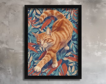 Ginger Tabby Cat in Tropical Foliage Art Print Vibrant Jungle Wall Art Colourful Cat Illustration Exotic Wildlife Ginger Cat Gift Idea