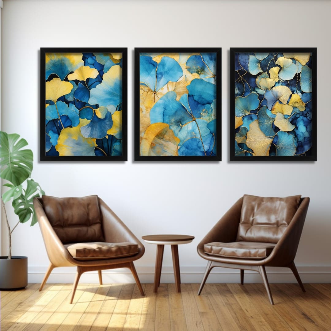 Yellow and Blue Botanical Prints Set of 3, Scandi Floral Wall Art ...