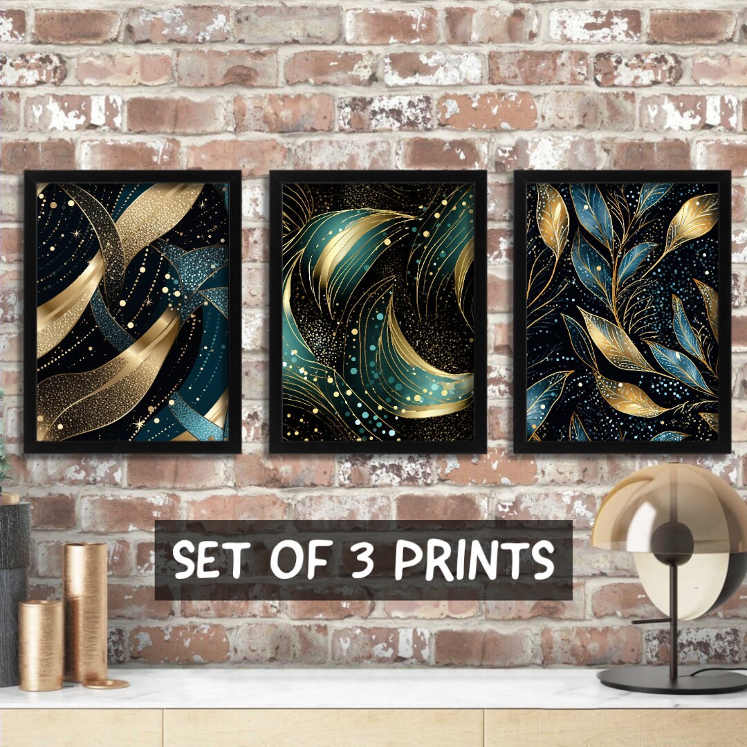 Gold and Teal Botanical Prints Set of 3, Gold Leaves Wall Art ...
