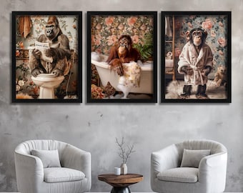Juego de 3 impresiones de monos para baño, imagen de gorila, orangután en un baño, arte de pared de animales, impresión de chimpancé lindo, impresión artística de la hora del baño, decoración de pared para baño