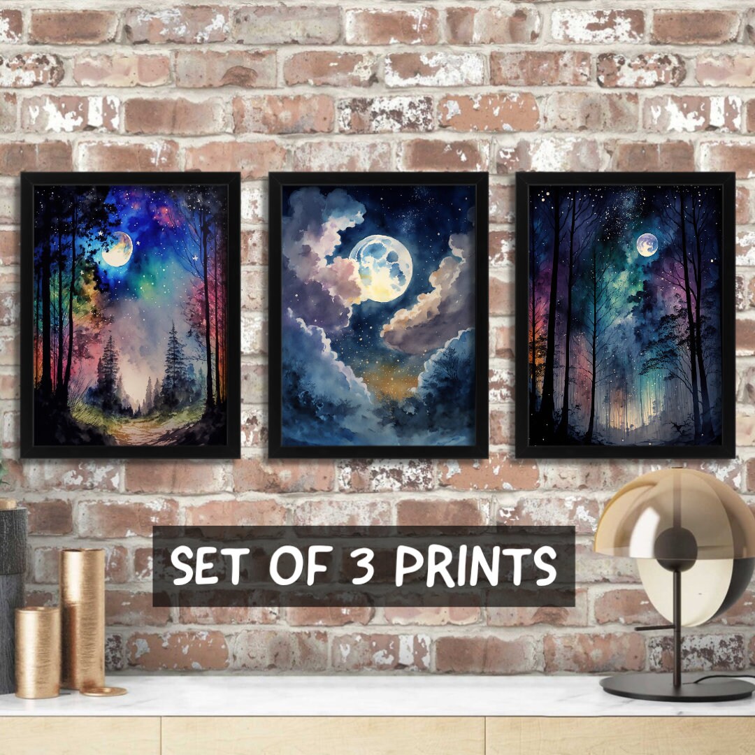 Starry Night Wall Art, Set of 3 Prints, Framed Forest Art, Night Sky ...