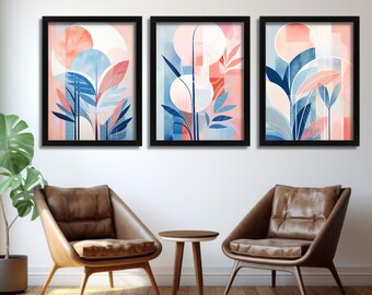Boho Botanical Art Set Of 3 Prints, Scandi Floral Wall Art, Geometric Pictures, Blue and Red Living Room Decor, Minimalist Posters Art Set