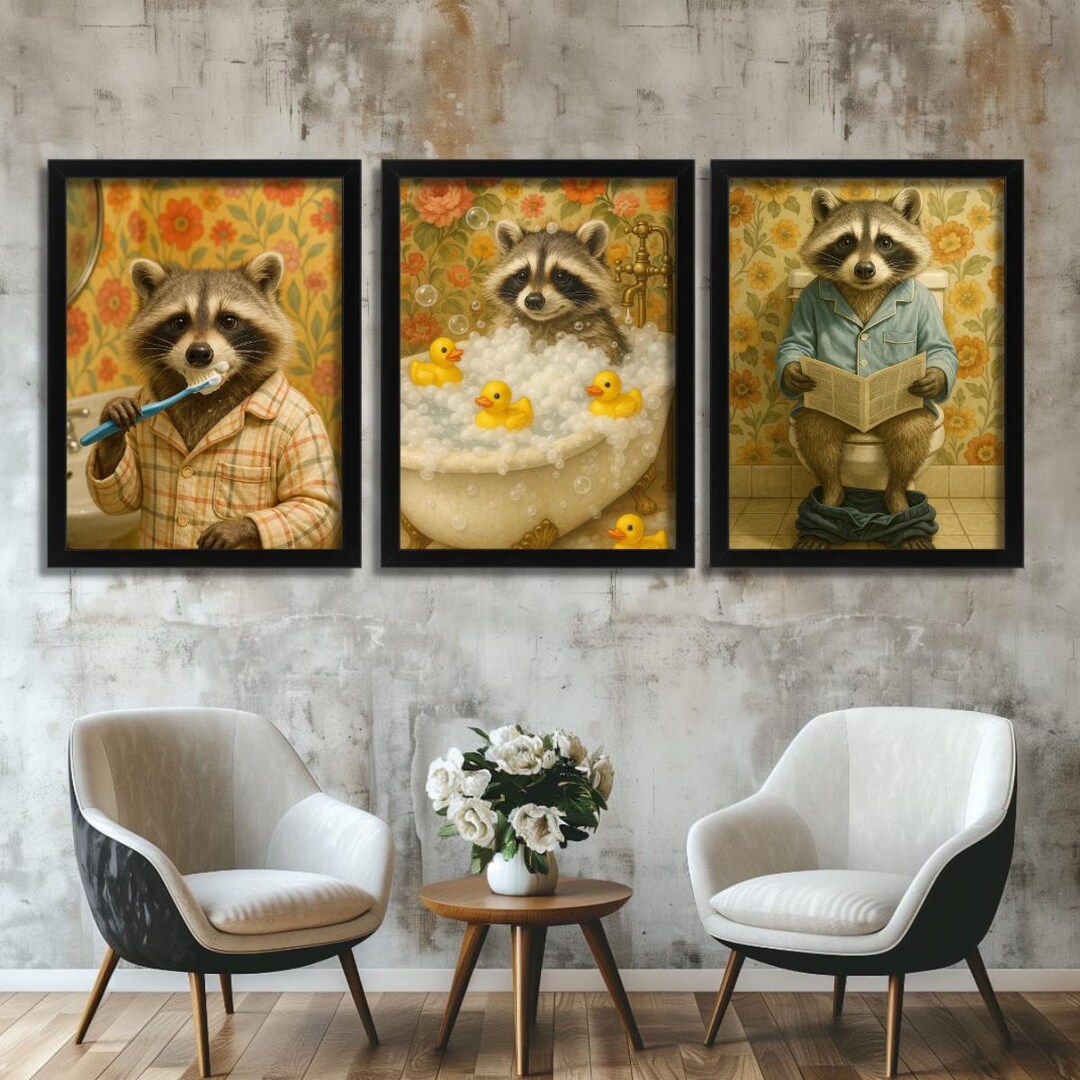 Raccoon in a Bath Funny Bathroom Wall Art Set of 3 Prints Animal Wall ...