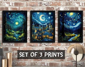 Arte de paisaje inspirado en la noche estrellada, conjunto de 3 impresiones enmarcadas, decoración de pared para dormitorio, regalo para el nuevo hogar, impresión impresionista, arte de montaña