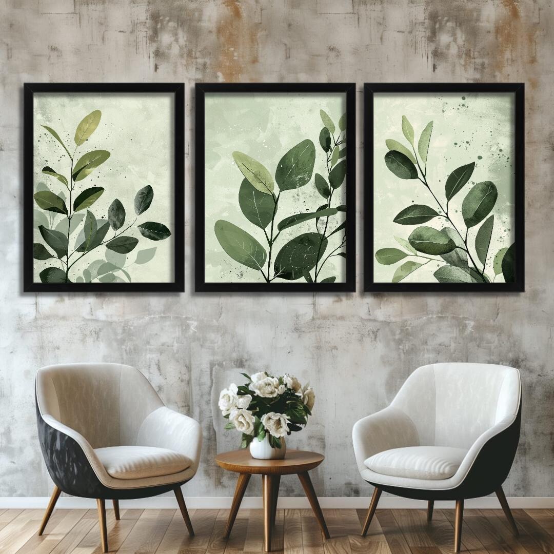 Green Botanical Wall Art Set of 3 Minimalist Leaf Prints Modern Plant ...