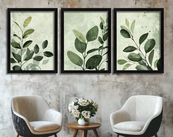 Juego de 3 impresiones minimalistas de hojas con arte de pared botánico verde. Obra de arte moderna inspirada en plantas para dormitorio, sala de estar u oficina.