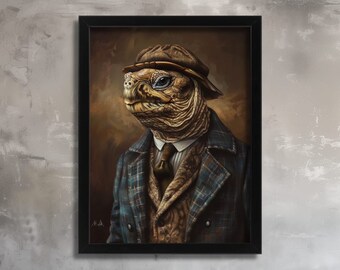 Victorian Turtle Art Print Sophisticated Reptile in Plaid Suit Animal Portrait Wall Decor Vintage Animal Wall Art Turtle in a Suit Print