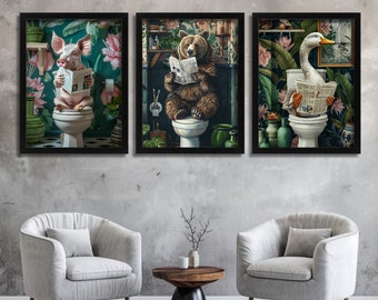 Funny Toilet Wall Art Set of 3 Prints Animal Wall Art Cute Animal Art For Cloakroom Bear Pig Duck Reading Newspaper on the Toilet Pictures