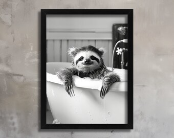 Impresión artística de perezoso en la bañera Decoración de pared de baño peculiar Impresión artística en blanco y negro Arte de pared de perezoso Fotografía de animales monocromática Impresión artística de perezoso