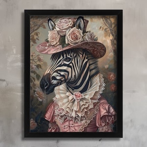 Zebra In Pink Dress Print, Zebra Poster Print, Retro Animal Wall Art, Vintage Zebra, Regal Animal Wall Art Gift Anthropomorphic Animal Art