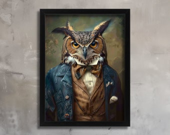 Retrato vintage de búho, pintura de pájaro renacentista, impresión artística alterada, cabeza de animal, cuerpo humano, póster de animal real, arte de pared de búho, idea de regalo de búho
