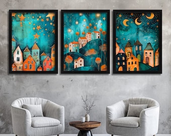 Impresión artística tríptico celestial de Whimsical Town, escenas de cuentos encantados, juego de 3 impresiones, obra de arte rural, impresión en turquesa y oro, arte de pared verde azulado