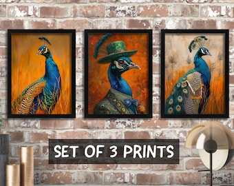 Peacock Artwork, Set of 3 Prints, Living Room Decor, Bird Art Print, New Home Gift, Peacock Print, Peacock Feather Print, Peacock Wall Art