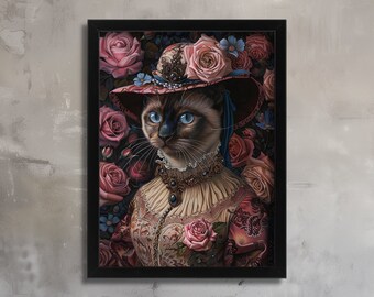 Elegant Siamese Cat Victorian Portrait Art Print Floral Cat Wall Art Decor Victorian Cat Lovers Gift Cat in a Dress Picture Cat Painting Art
