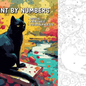 Paint By Numbers For Adults DIGITAL DOWNLOAD Procreate Painting Kit Printable Paint By Numbers - Black Cat By The River - Procreate Template