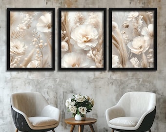 Juego de 3 impresiones florales neutras para pared, en beige y crema. Elegante obra de arte floral minimalista para sala de estar o dormitorio. Decoración floral.