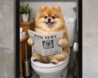 Lámina artística de perro Pomerania, decoración de pared original para baño, regalo para nuevo hogar, lámina artística divertida de perro, fotografía de animales lindos, Pomerania en el inodoro