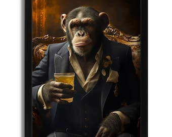May include: A framed print featuring a chimpanzee in a navy blue suit, vest, and white shirt, holding a glass of amber liquid. The chimpanzee is seated on a gold-colored ornate chair. The background is a dark, warm tone.
