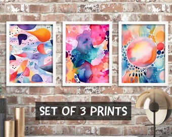 Abstract Watercolour Wall Art, Set Of 3 Prints, Framed Art, Lounge Wall Decor, New Home Gift, Modern Print, Colourful Watercolour Art