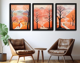 Autumn Set Of 3 Prints, Walk In The Park Framed Art,  Autumnal Lounge Wall Decor New Home Gift Modern Print, Picture of Nature Wall Art