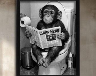 Lámina artística de chimpancé en el inodoro, decoración de pared original para el baño, regalo para el nuevo hogar, lámina artística de mono divertida, fotografía de animales adorables, póster de mono