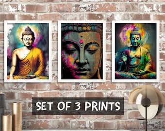 Arte mural de Buda, juego de 3 impresiones, arte enmarcado, decoración de sala de estar asiática, arte de acuarela de 30 x 40, regalo para el nuevo hogar, arte de meditación, arte mural de yoga