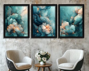 Abstract Floral Wall Art Set of 3 Prints Teal and Gold Flower Wall Art Modern Luxury Wall Décor for Living Room or Bedroom Turquoise Artwork