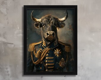 Retrato vintage de toro, pintura de animales renacentistas, impresión artística alterada, cabeza de animal, cuerpo humano, póster de matador, toro en uniforme militar, arte de toro