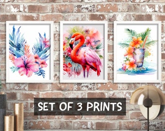 Arte de pared de flamencos, juego de 3 impresiones, arte tropical enmarcado, decoración botánica para sala de estar, impresión de arte floral, regalo para el nuevo hogar, decoración de la naturaleza