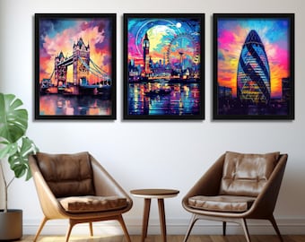 Arte mural de Londres, conjunto de 3 láminas, arte enmarcado, decoración de salón, lámina de acuarela de la ciudad de Londres, regalo para casa nueva, lámina moderna, paisaje urbano