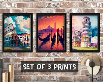 Italy Wall Art, Set Of 3 Prints, Framed Art, Living Room Decor, Watercolour City Art Print, New Home Gift, Modern Print, Rome Art, Venice