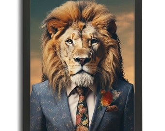 Vintage Lion In A Suit Print, Animal Wall Art, Framed Picture Lion Artwork Gift, Animals in Human Clothes Art, Lion Wall Art, Lion Print