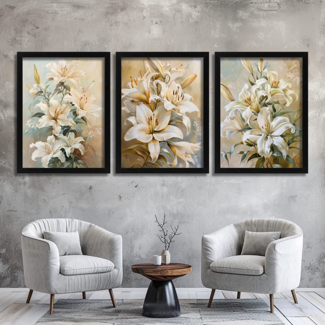 Elegant White Lily Triptych Art Print Serene Floral Wall Decor With ...