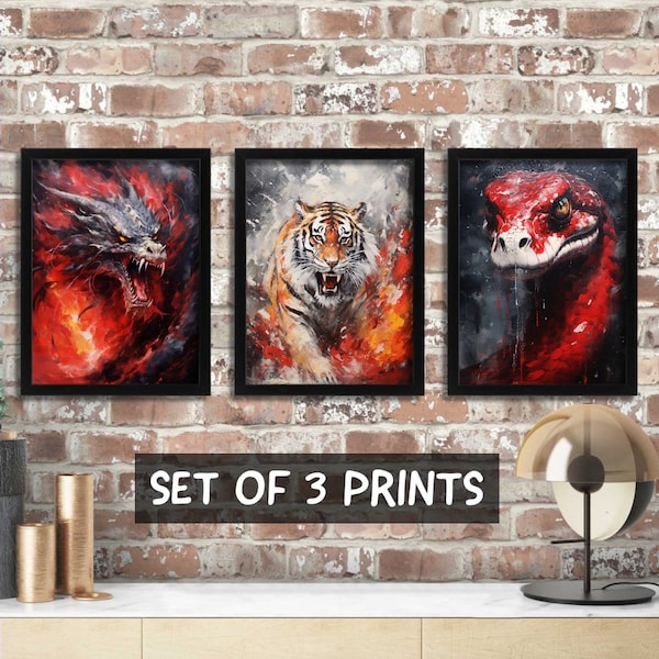 Graphic Fire Animal Wall Art, Set Of 3 Art Prints, Red and Black Home Decor, Tiger Wall Art, Fire Dragon Poster Artwork, Serpent Snake Print