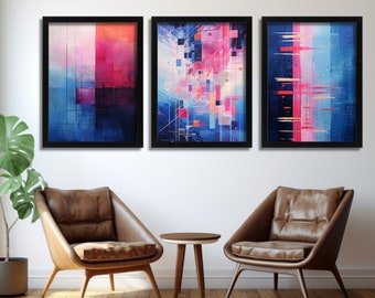 Contemporary Art Set Of 3 Prints, Pink and Blue Abstract Art, Geometric Pictures, Modern Living Room Decor, Abstract Minimalist Posters