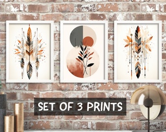 Juego de 3 impresiones de arte botánico bohemio, arte mural floral escandinavo, imágenes geométricas, decoración de sala de estar con colores suaves, carteles minimalistas
