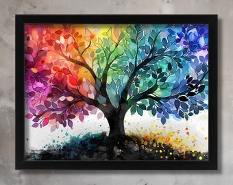 Colourful Tree of Life Flower Wall Art Prints for Living Room Pictures Abstract Wall Art Nature Inspired Prints Rainbow Tree Wall Decor Art