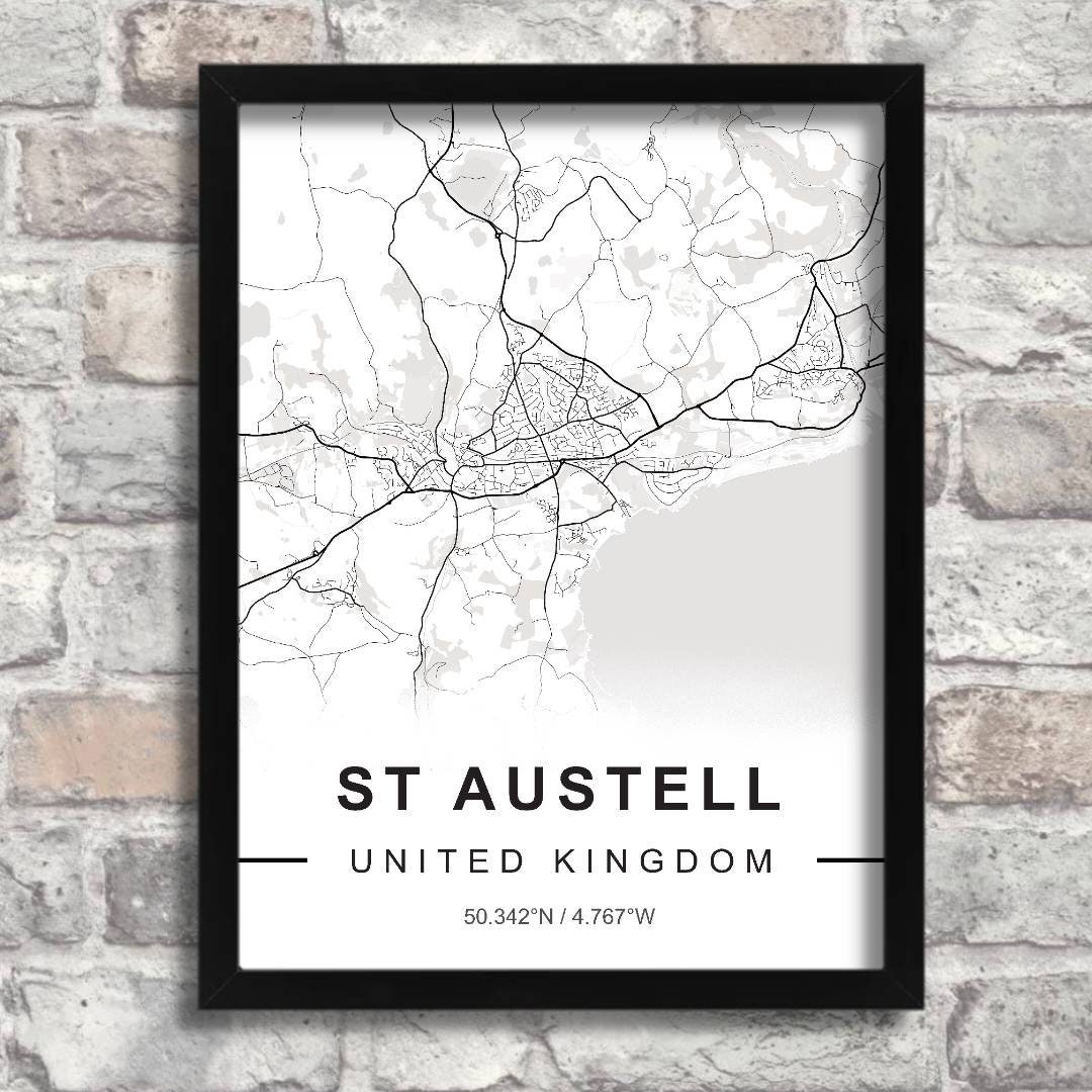 Map of ST AUSTELL, Black and White Map Print, City Print, Cityscape, Framed Wall Art, Custom Map