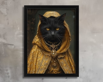 Impresión artística de gato negro real, retrato felino de gato con capa dorada, decoración de gato de lujo, arte de pared de gato negro, impresión publicada, regalo para amantes de los gatos, vestido de dama de coche