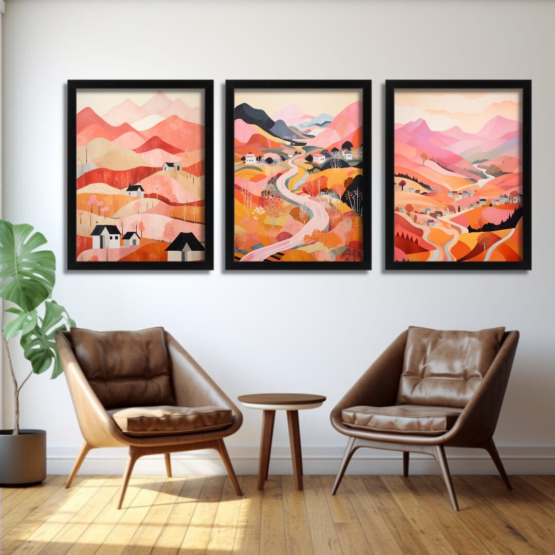Englische Landschaft Illustration Kunst, 3erSet Drucke, gerahmte Kunst