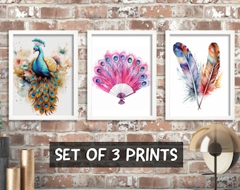 Peacock Wall Art, Set Of 3 Prints, Framed Feather Art, Botanical Living Room Decor, Floral Art Print, New Home Gift, Feather Artwork