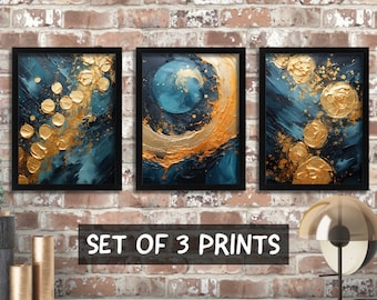 Gold and Blue Abstract Prints For Lounge, Set Of 3 Prints, Modern Wall Art Pictures, Golden Abstract Posters, Contemporary Art Prints