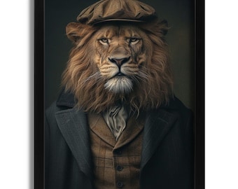 May include: A lion wearing a brown newsboy cap and a brown and gray suit. The lion has a serious expression on its face.
