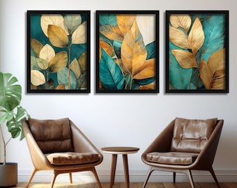 Juego de 3 impresiones de hojas doradas y verde azulado, arte de pared turquesa, imágenes botánicas, arte 3D, decoración de sala de estar, impresión minimalista, obra de arte floral
