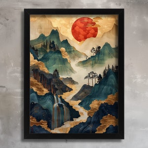 May include: A framed print of a digital painting depicting a mountain landscape with a large red sun in the sky. The mountains are painted in shades of blue and green, with gold accents. A waterfall flows down the side of the mountain.
